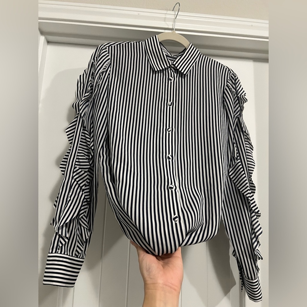 Banana Republic Dillon Black Blouse White Vertical Stripe Button Down Ruffle Top - Picture 4 of 13